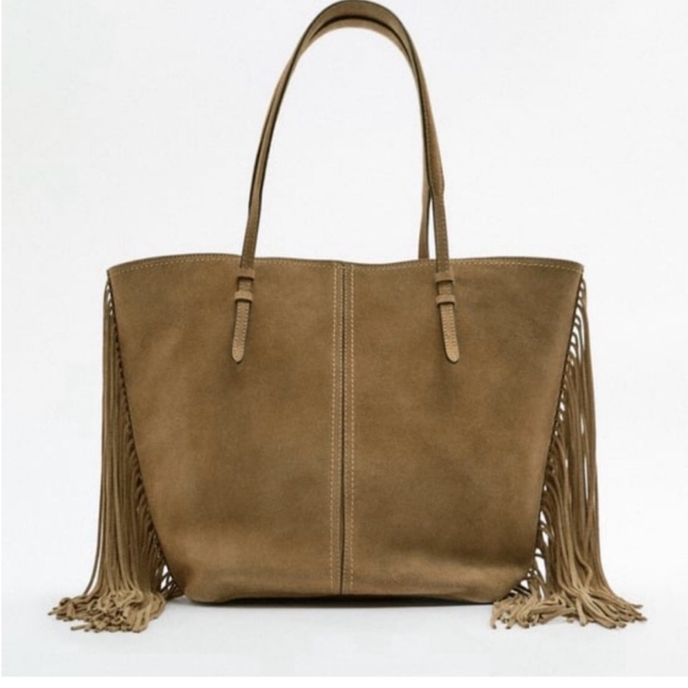 Zara Suede Fringe Tote in Taupe Brown